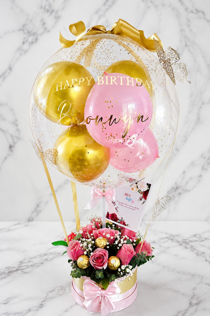 Elegant Pink & Gold Birthday Balloon & Rose Arrangement