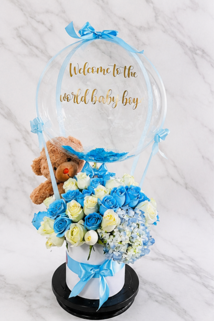 Welcome Baby Blue & White Rose Gift