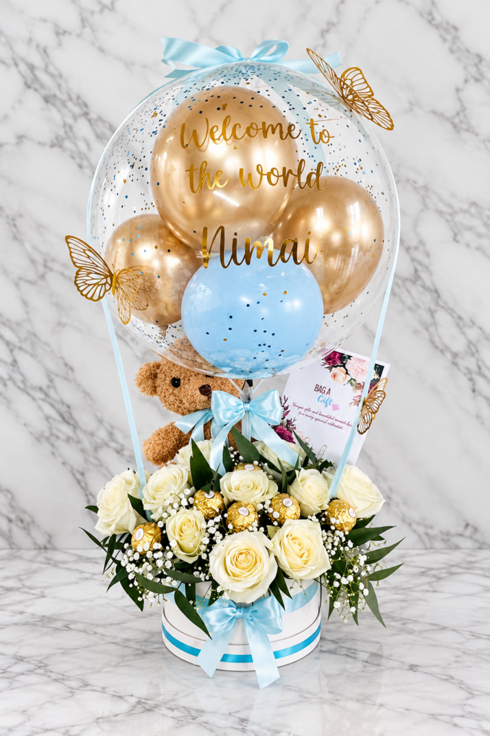 Little Prince baby boy balloon hamper with white roses, teddy bear and Ferrero Rocher